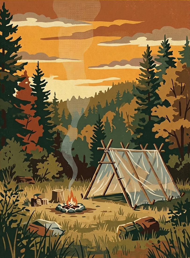 WPA-style campsite — A-frame shelter by a campfire in a pine forest at sunset